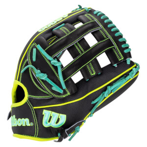 Angled side view of a black Wilson baseball glove featuring neon green trim, teal laces, and the Wilson name and W logo in teal.