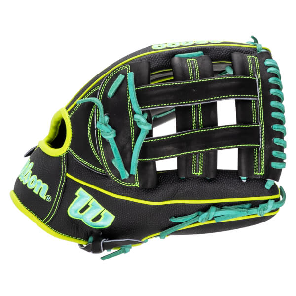 Side view of a black Wilson baseball glove featuring neon yellow piping, teal laces, and the teal Wilson script and W logo.