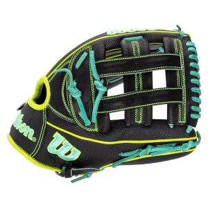 Side view of a black Wilson baseball glove featuring neon yellow piping, teal laces, and the teal Wilson script and W logo.