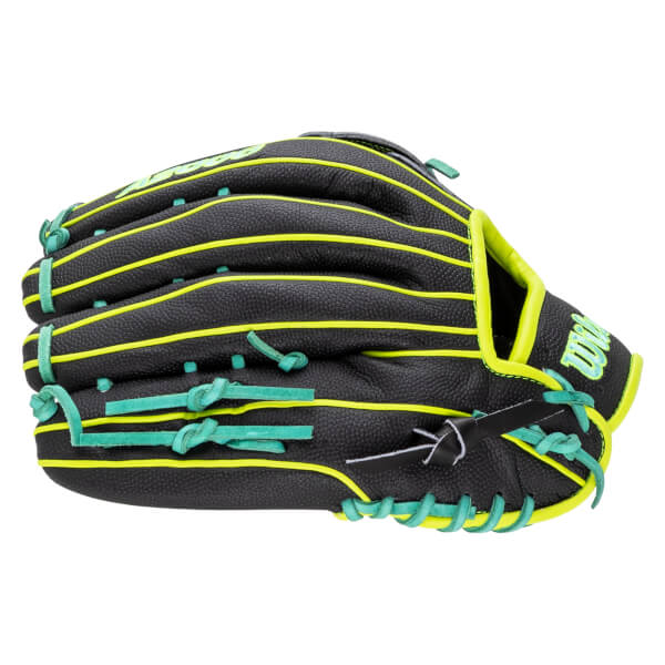 Back view of a black baseball glove featuring lime green welting, teal laces, and a teal Wilson logo.