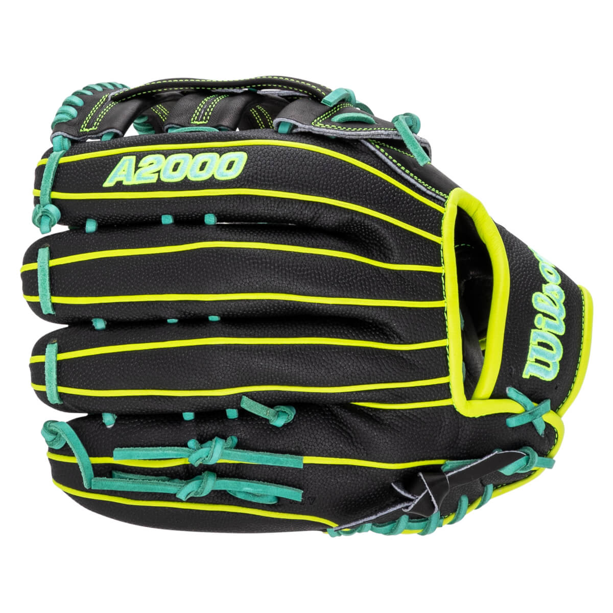 Back view of a black Wilson A2000 baseball glove featuring neon yellow piping, mint green laces, and the A2000 and Wilson logos in mint and yellow.