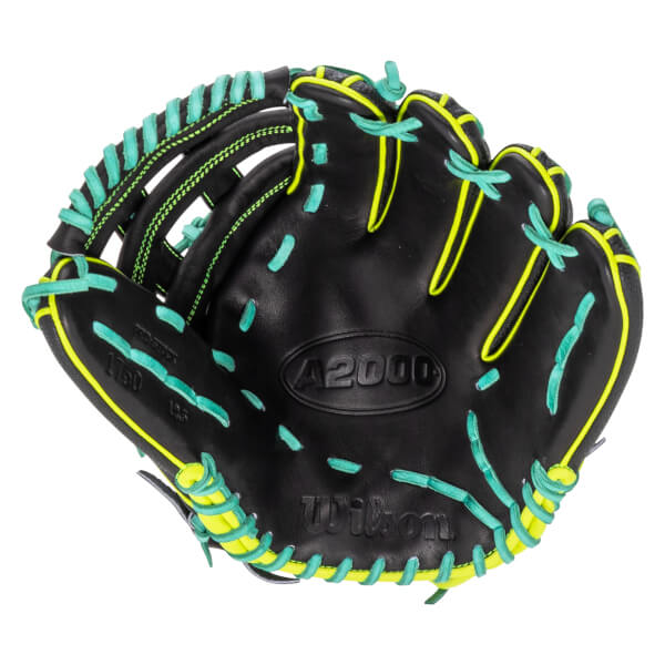 Front view of a black Wilson A2000 baseball glove featuring neon yellow piping and teal laces with the Wilson and A2000 logos visible on the palm.