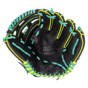 Front view of a black Wilson A2000 baseball glove featuring neon yellow piping and teal laces with the Wilson and A2000 logos visible on the palm.