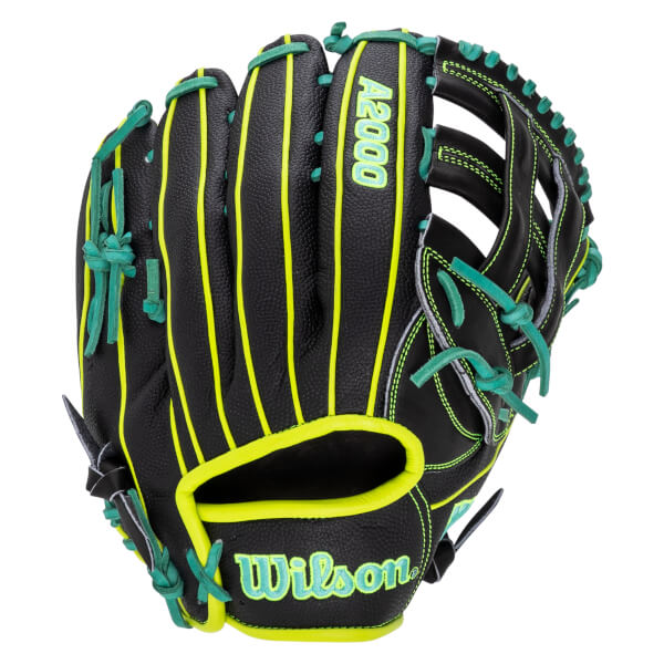 Back view of a black textured Wilson A2000 baseball glove featuring neon yellow piping, teal laces, and neon "Wilson" and "A2000" branding.
