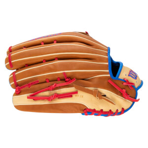 Side view of a brown baseball glove with red lacing, blue trim, and "KFJX" embossed on the palm.