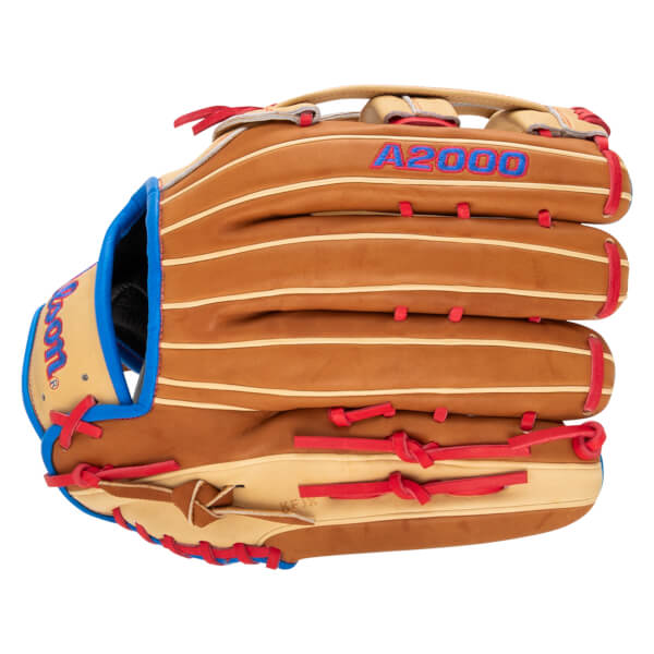 Front view of a brown baseball glove with blue trim, red lacing, and "A2000" embroidered in blue.