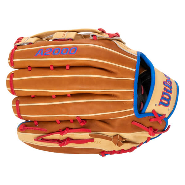 Front view of a tan baseball glove with red lacing, blue "A2000" text, and a blue "Wilson" logo.