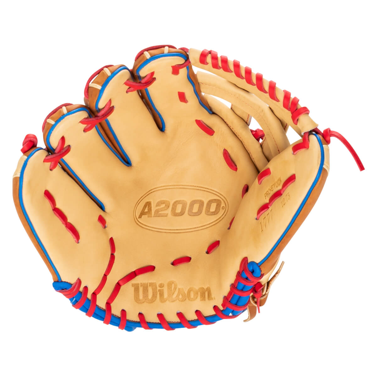 Top-down view of a tan Wilson A2000 baseball glove with red and blue lacing.