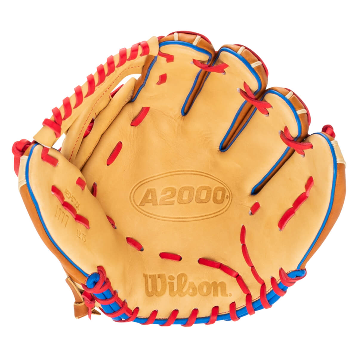 Top-down view of a tan baseball glove with red and blue lacing, featuring "A2000" and "Wilson" logos.