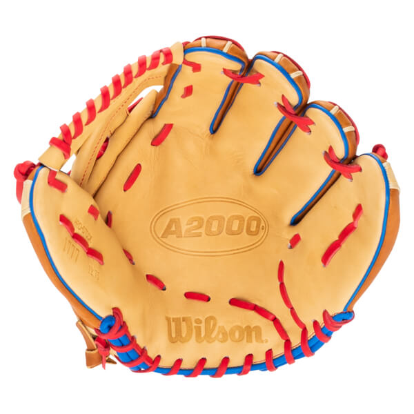Top-down view of a tan baseball glove with red and blue lacing, featuring "A2000" and "Wilson" logos.