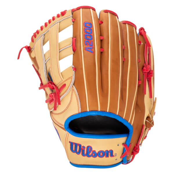 Front view of a tan baseball glove with red lacing, blue trim, and "A2000" and "Wilson" logos.