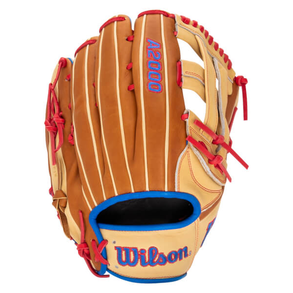 Front view of a tan baseball glove with red lacing, blue trim, and "A2000" and "Wilson" logos.