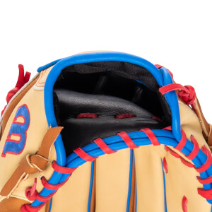 Close-up of a baseball glove's interior showing black padding, blue binding, and red lacing.