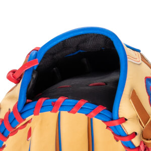 Close-up of a baseball glove showing the tan leather, blue binding, and red lacing.