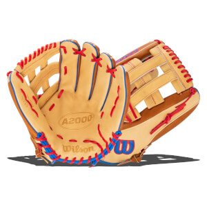 Front view of a tan baseball glove with red and blue lacing, featuring "A2000" and "Wilson" logos.