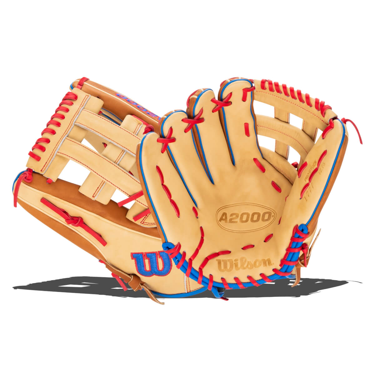 Front view of a tan baseball glove with red and blue lacing, showing the "A2000" and "Wilson" logos.