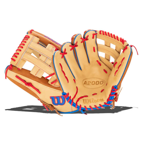Front view of a tan baseball glove with red and blue lacing, showing the "A2000" and "Wilson" logos.