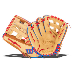 Front view of a tan baseball glove with red and blue lacing, showing the "A2000" and "Wilson" logos.