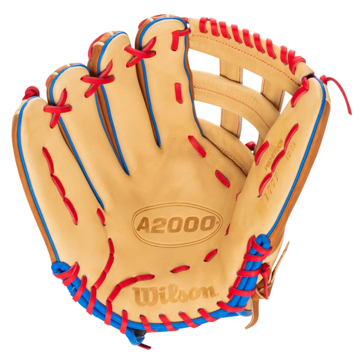 Front view of a tan baseball glove with red and blue lacing, featuring "A2000" and "Wilson" logos.