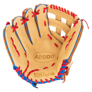 Front view of a tan baseball glove with red and blue lacing, featuring "A2000" and "Wilson" logos.