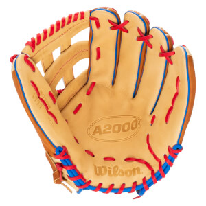 Front view of a tan baseball glove with red and blue lacing, showing the "A2000" and "Wilson" logos.