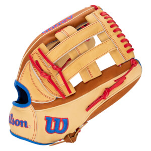 Side view of a tan baseball glove with red lacing, blue trim, and "Wilson" logo.