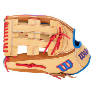 Side view of a tan baseball glove with red lacing, blue trim, and a blue "W" logo.