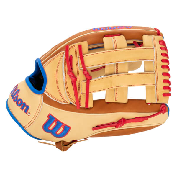 Side view of a tan baseball glove with red lacing, blue trim, and a blue Wilson logo.
