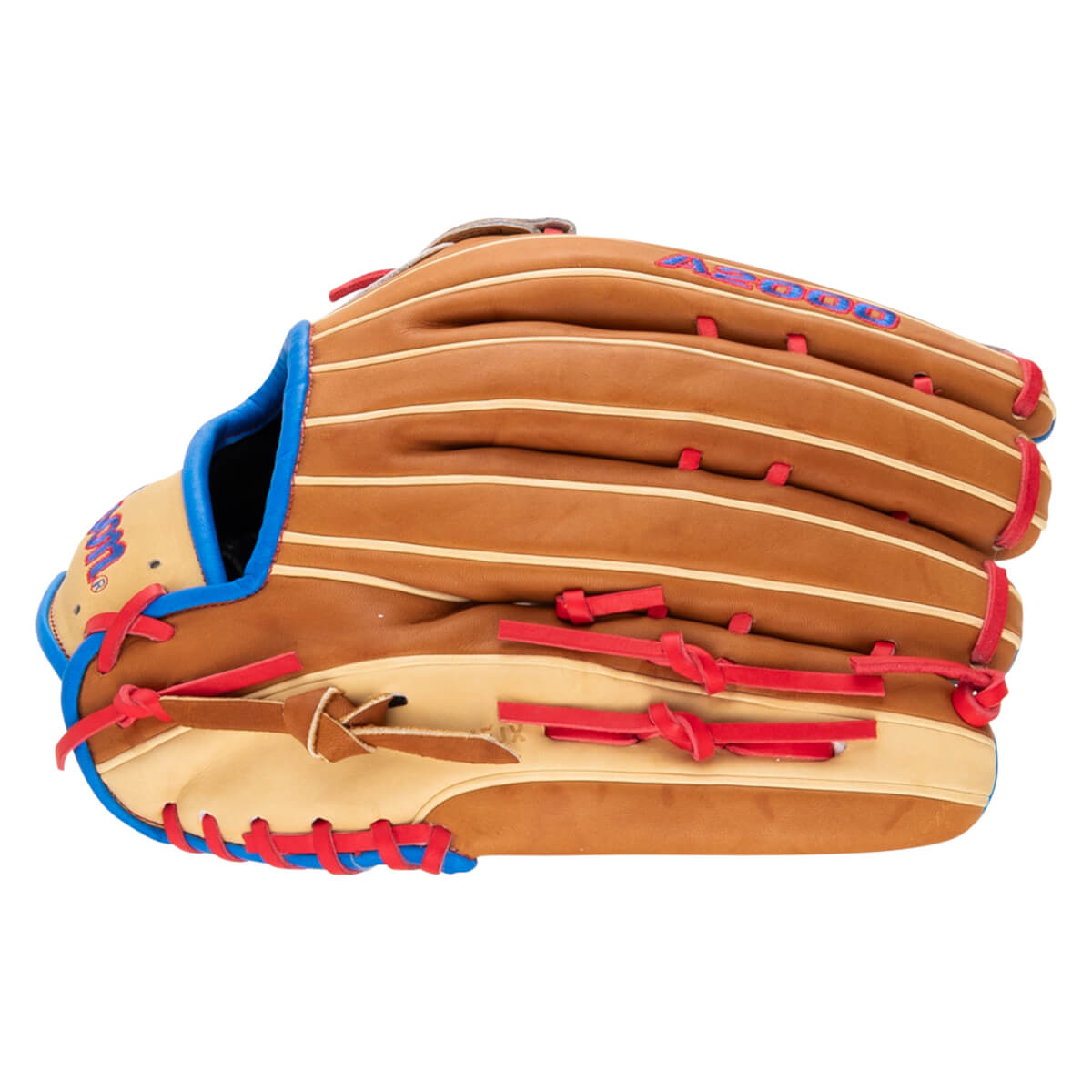 Side view of a tan baseball glove with blue and red lacing, featuring "A2000" lettering.