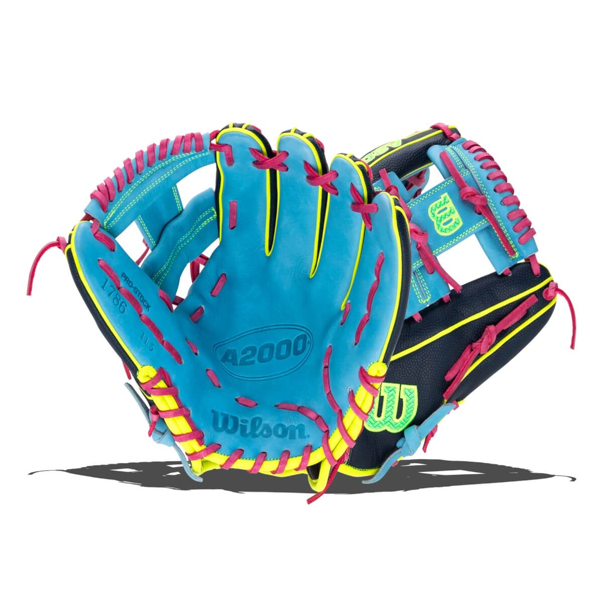 Angled front view of a bright blue baseball glove with neon pink lacing, yellow trim, and Wilson A2000 on the palm.