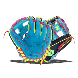 Angled front view of a bright blue baseball glove with neon pink lacing, yellow trim, and Wilson A2000 on the palm.
