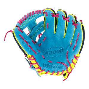 Front view of a vibrant blue baseball glove with pink lacing, neon yellow trim, and A2000 Wilson 1786 11.5 branding.