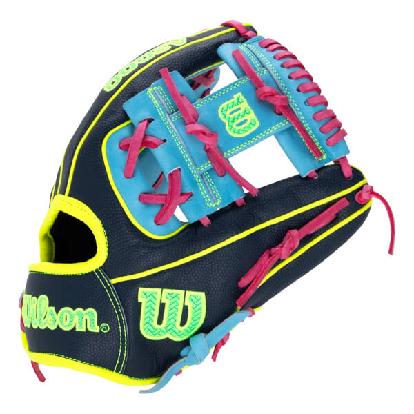 Angled front view of a navy blue baseball glove with neon yellow trim, light blue web, pink laces, and a neon green Wilson logo.
