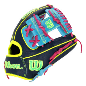 Angled front view of a navy blue baseball glove with neon yellow trim, light blue web, pink laces, and a neon green Wilson logo.