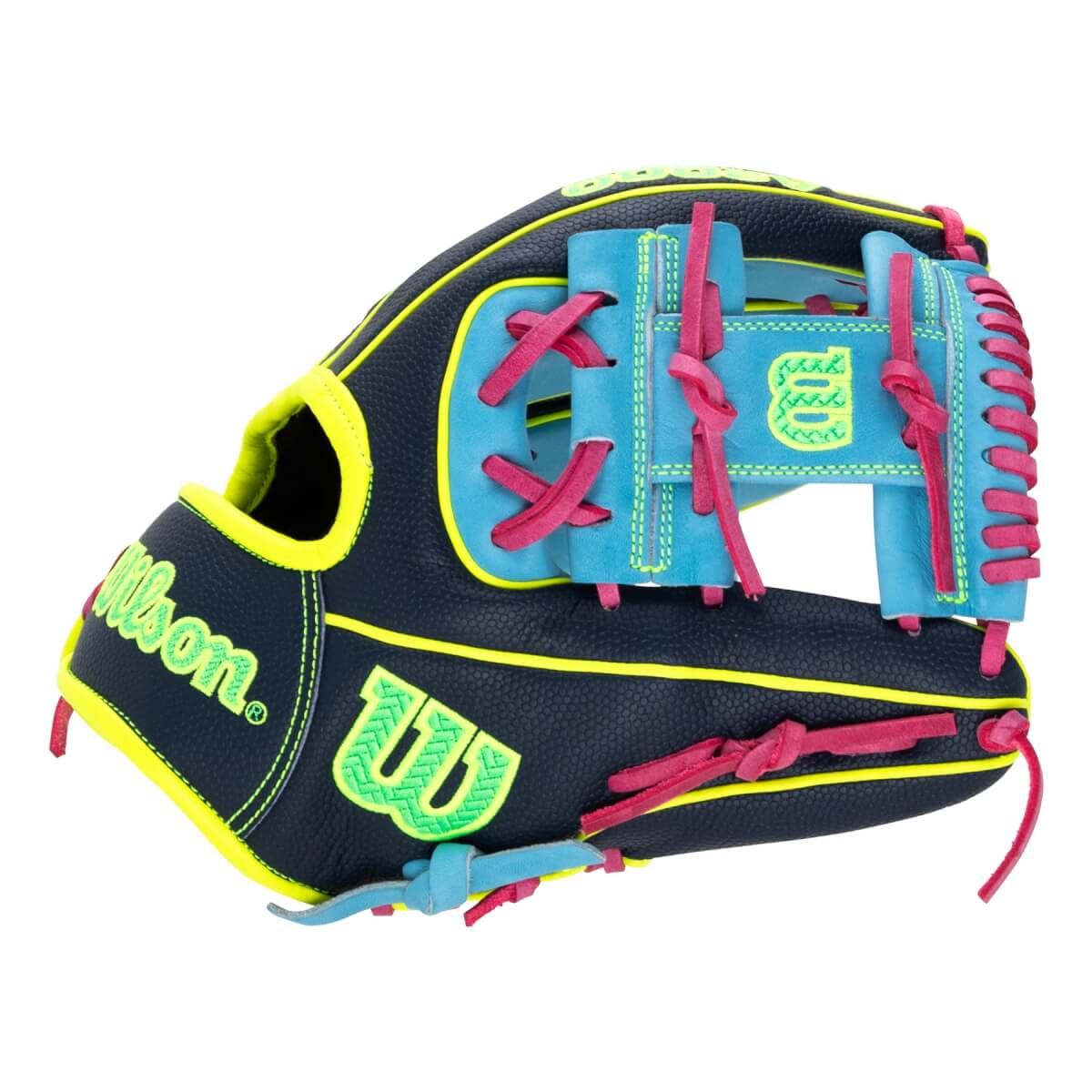 Front view of a navy blue baseball glove with neon yellow Wilson branding, bright blue web, and pink laces.