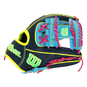 Front view of a navy blue baseball glove with neon yellow Wilson branding, bright blue web, and pink laces.