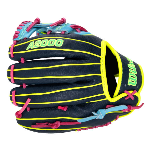Front view of a dark blue baseball glove with neon yellow stripes, hot pink laces, and green A2000 logo.