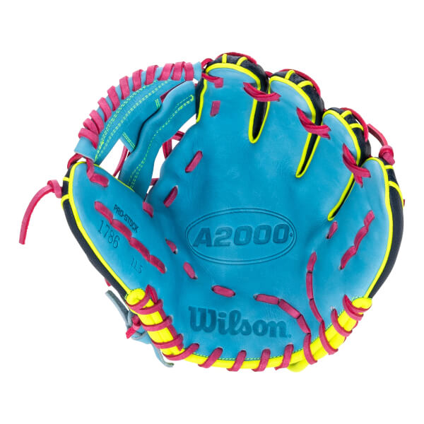 Front view of an aqua baseball glove with pink laces, neon yellow trim, and visible A2000 1786 branding.