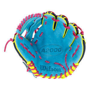 Front view of an aqua baseball glove with pink laces, neon yellow trim, and visible A2000 1786 branding.