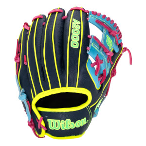 Front view of a navy blue baseball glove with neon yellow A2000 and Wilson logos, pink lacing, and a light blue web.