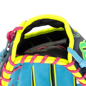Top-down close-up of a multi-colored baseball glove with neon yellow trim, hot pink lacing, and a neon green W logo.
