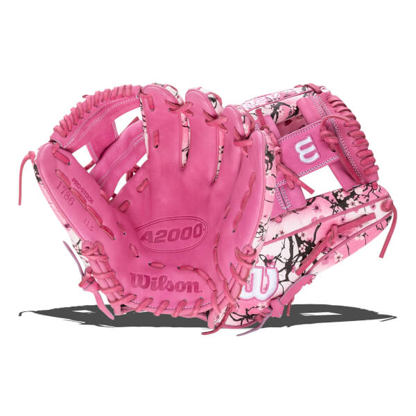 Front view of a pink Wilson A2000 baseball glove featuring a cherry blossom pattern shell and the Wilson and A2000 logos embossed on the palm.