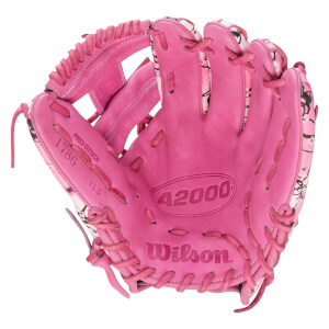 Front view of a pink Wilson A2000 baseball glove with floral accents and stamped text including Wilson, A2000, PRO-STOCK, 1786, and 11.5.
