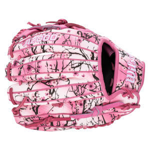 Back view of a pink and white Wilson A2000 baseball glove featuring a black cherry blossom pattern with "A2000" and "Wilson" text displayed in pink and white.