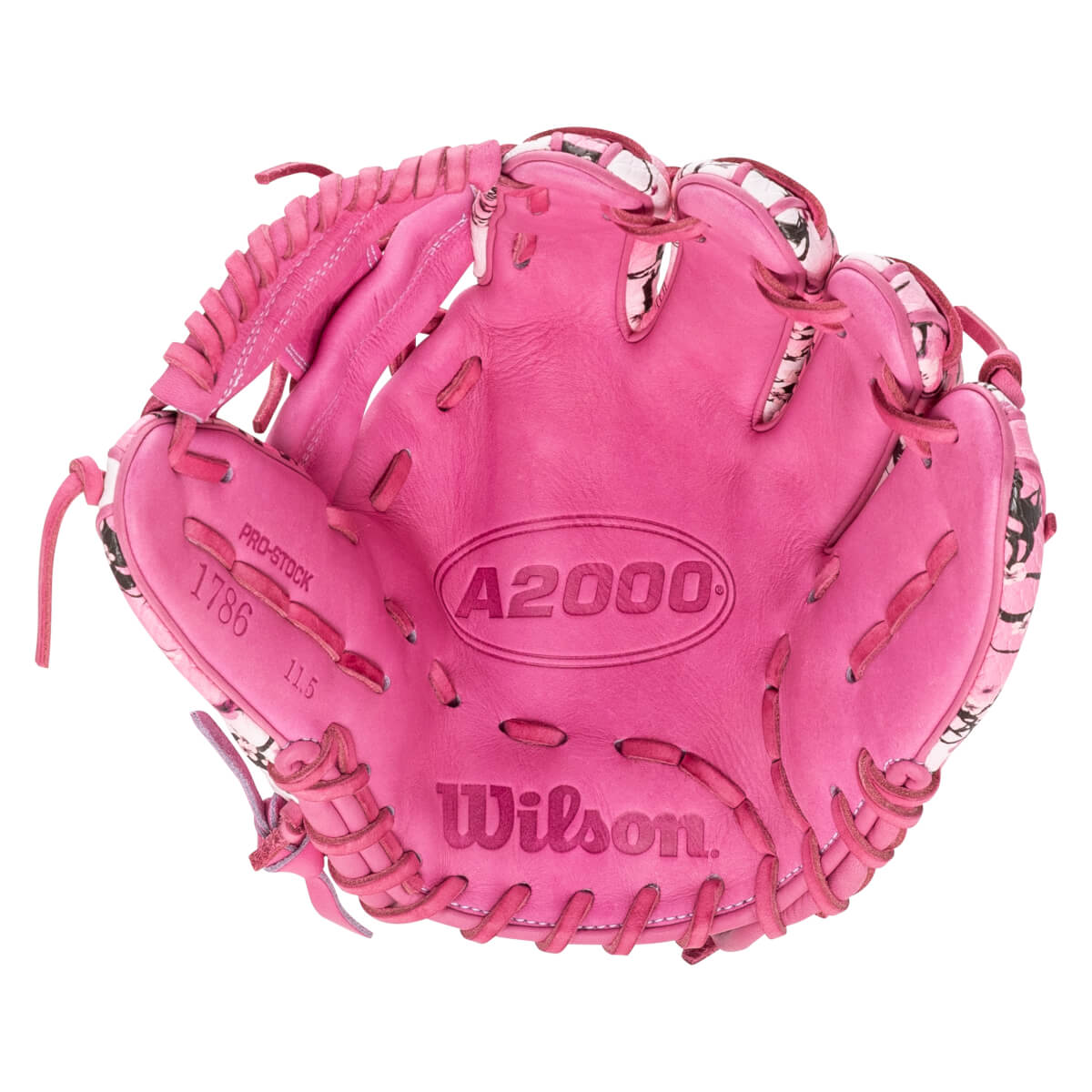 Front view of a pink Wilson A2000 baseball glove with patterned trim and "A2000" and "Wilson" embossed on the palm.