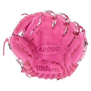 Front view of a pink Wilson A2000 baseball glove with patterned trim and "A2000" and "Wilson" embossed on the palm.