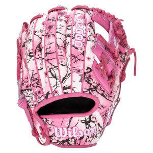 Back view of a pink Wilson A2000 glove featuring a white and black cherry blossom floral pattern with the "A2000" and "Wilson" logos clearly visible.