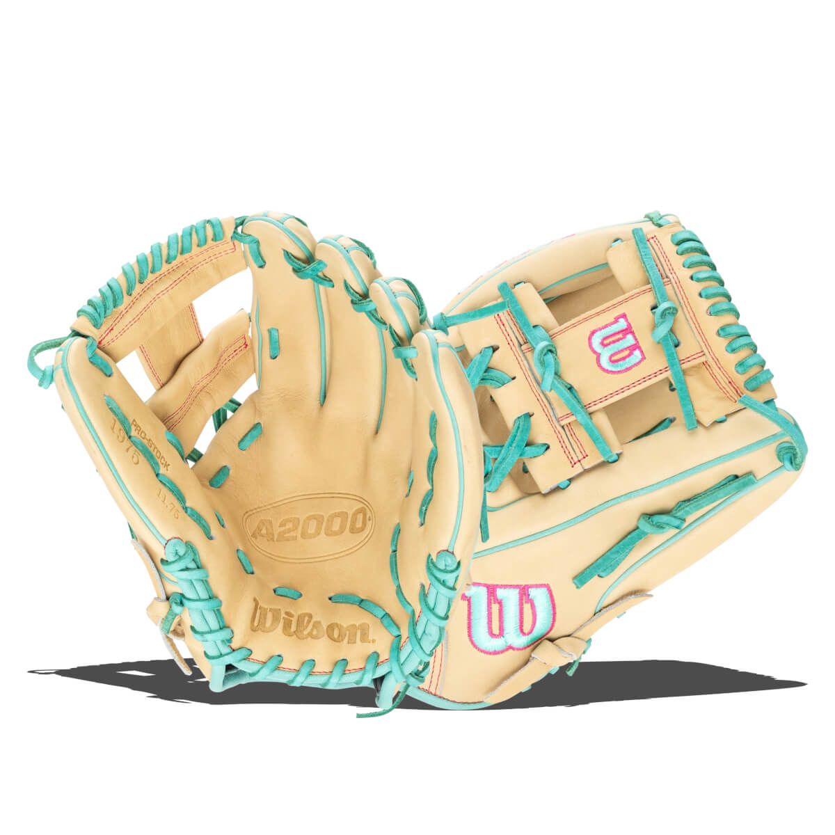 Top-down view of a tan baseball glove with teal lacing and pink stitching, showing the "A2000" logo.