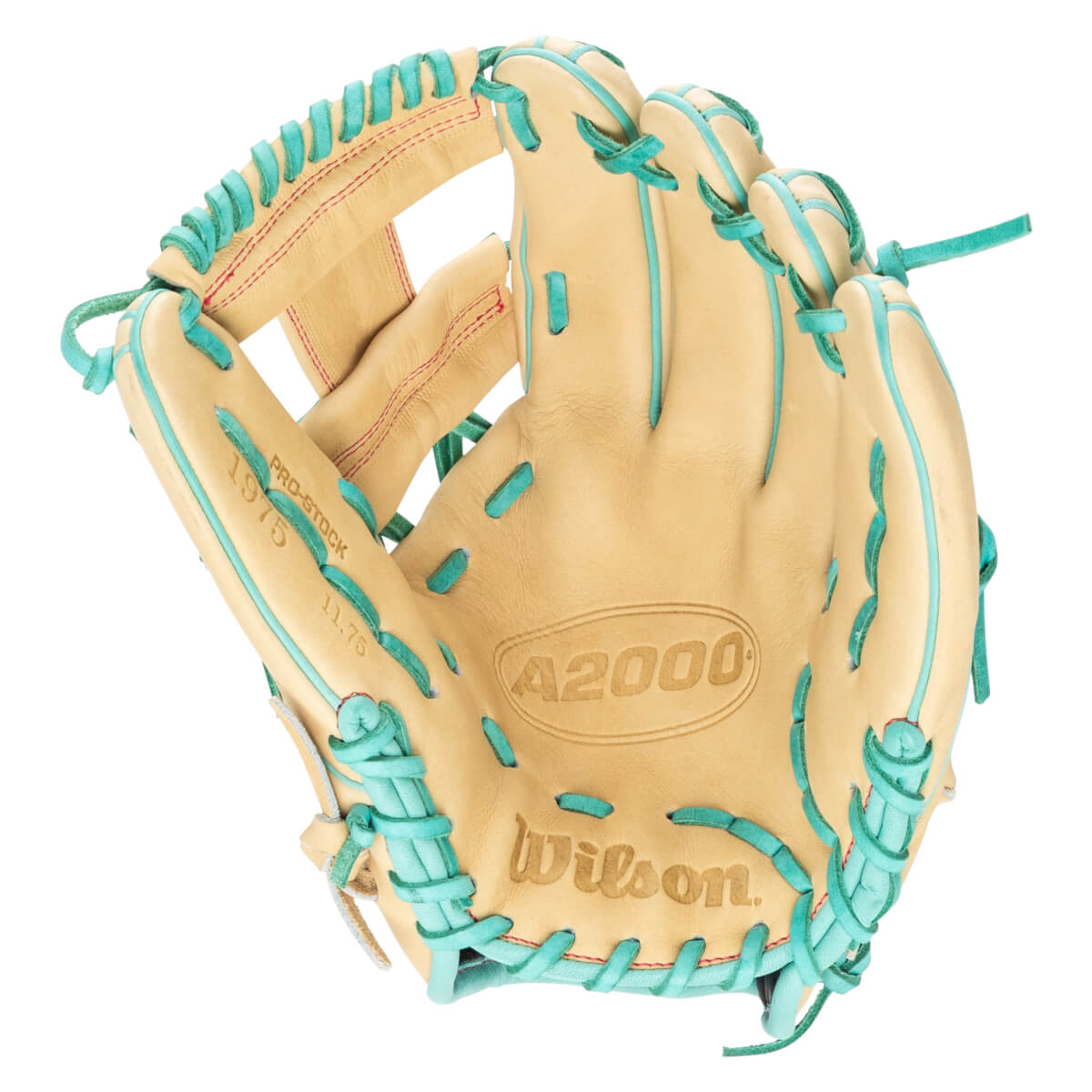 Top-down view of a tan baseball glove with teal lacing, showing "A2000" and "Wilson" branding.