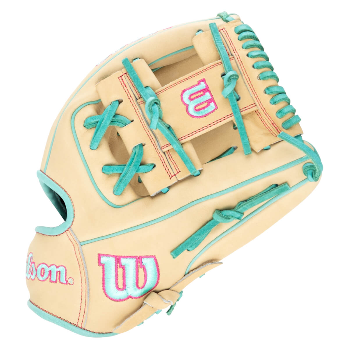Top-down view of a tan baseball glove with teal lacing and pink stitching, featuring embroidered "Wilson" and "W" logos.